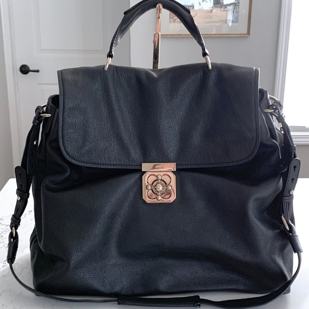Chloe Elsie Black Leather Shoulder Bag Crossbody Bag Satchel Large Authentic